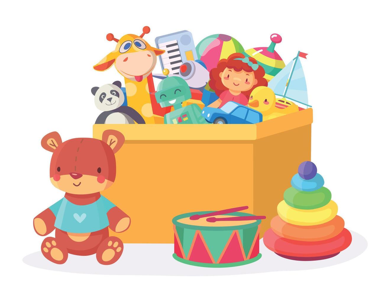 Kids toy box. Cartoon robot, doll, ball, teddy bear, giraffe, boat and panda in cardboard container for playroom vector