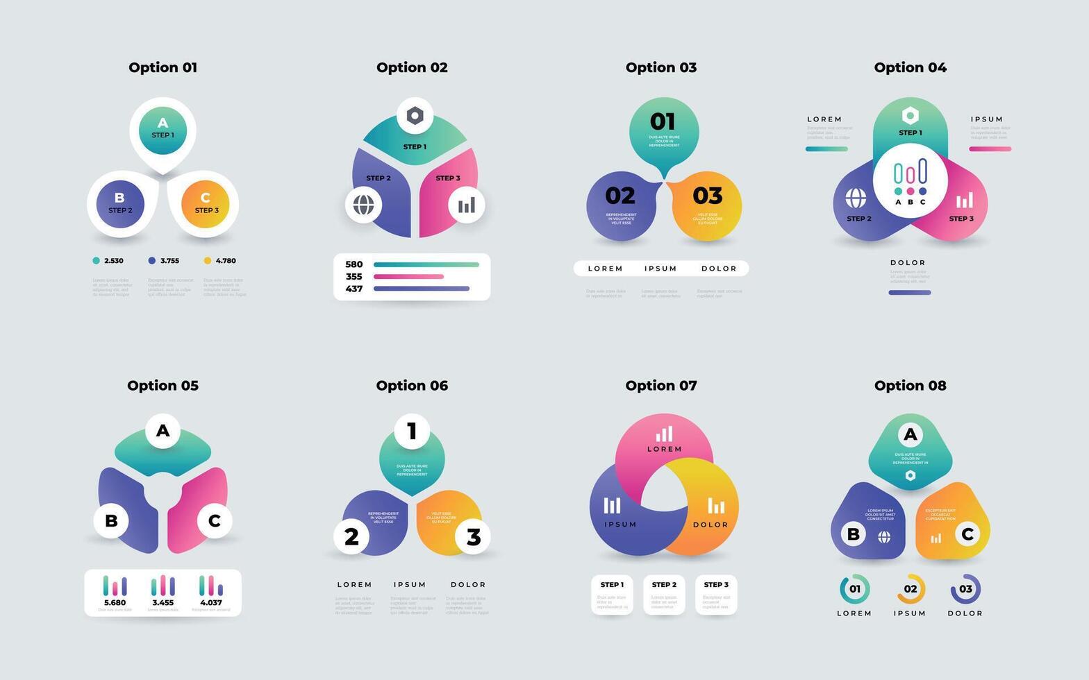 Venn diagram. Cycle 3-step infographic, round business process graph, circle data presentation info template. Vector set