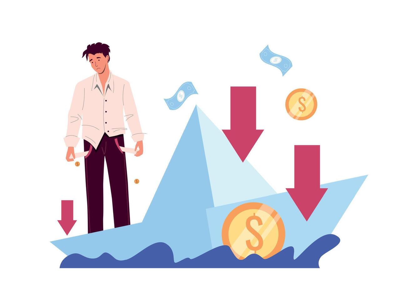 Financial crisis and economy collapse. Poor broken man having business problem. Sinking boat with money loss vector