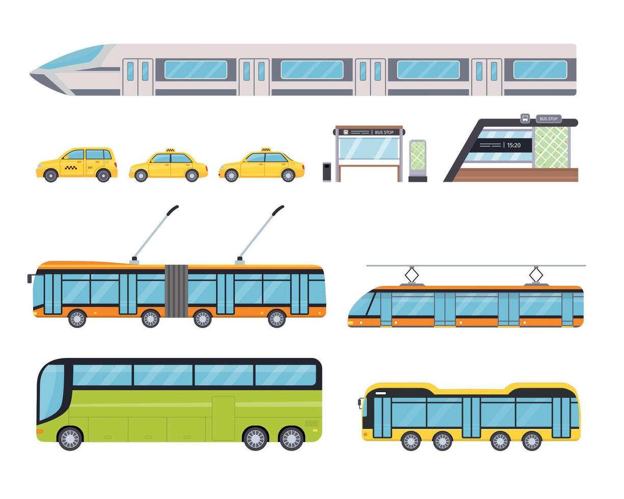 Flat public city land transport and yellow taxi car. Urban vehicles and bus stop. Cartoon trolleybus, underground train and tram vector set