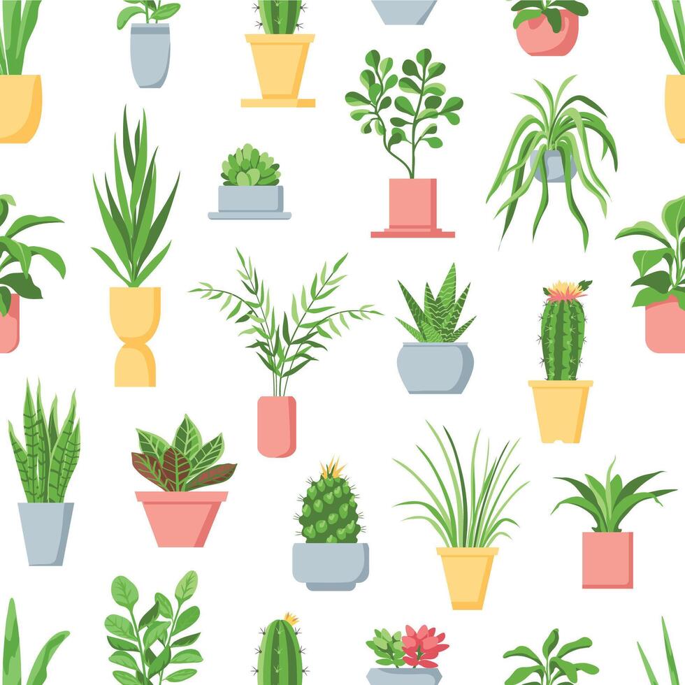 Pot plants seamless pattern. Houseplants, cactus and succulents, garden in pots home interior decor. Scandinavian style floral vector print