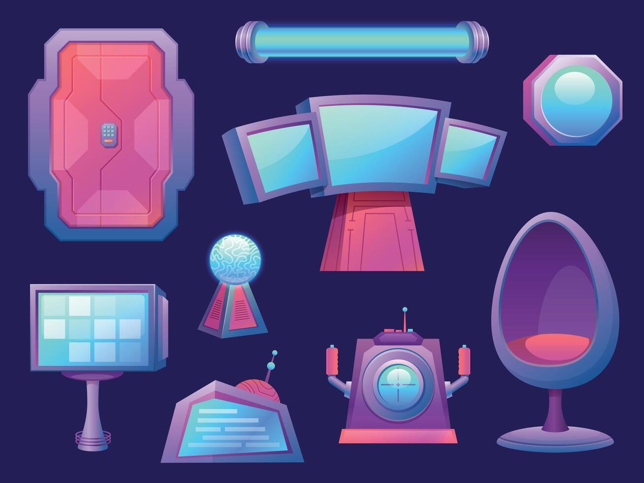 Cartoon futuristic alien space ship room interior elements. Spaceship cockpit and screen, chair and door. Rocket equipment, game vector set