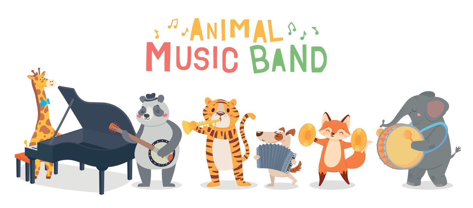 Animal musicians characters playing different musical instruments. Jazz band performing melody. Giraffe playing piano vector