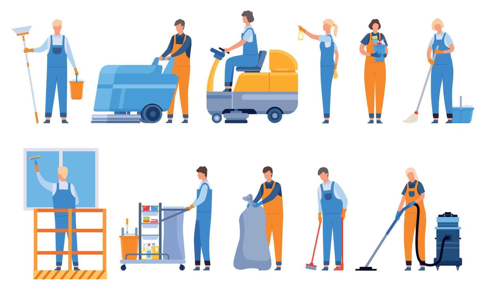 Professional cleaning company workers with equipment, vacuums and sweeper. Window washing. Characters with mop, broom and bucket vector set