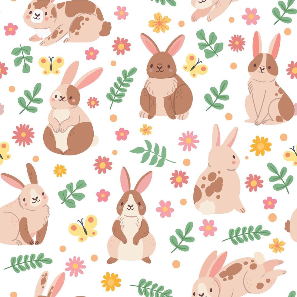 Cute cartoon seamless pattern with rabbit, flower and butterfly. Spring floral background with easter bunny. Childish animals vector print