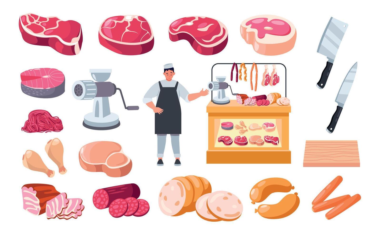 Cartoon butcher with meat. Man character with knife in chef uniform offering fresh products, sausages beef pork steaks, grocery store concept. Vector illustration