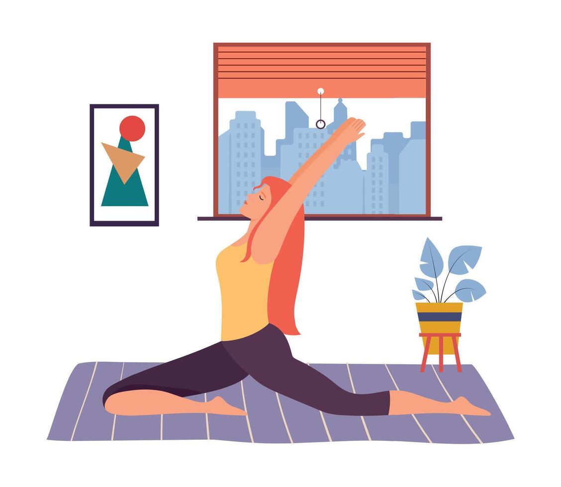 mujer practicando yoga ejercicio a hogar. deporte y aptitud vector