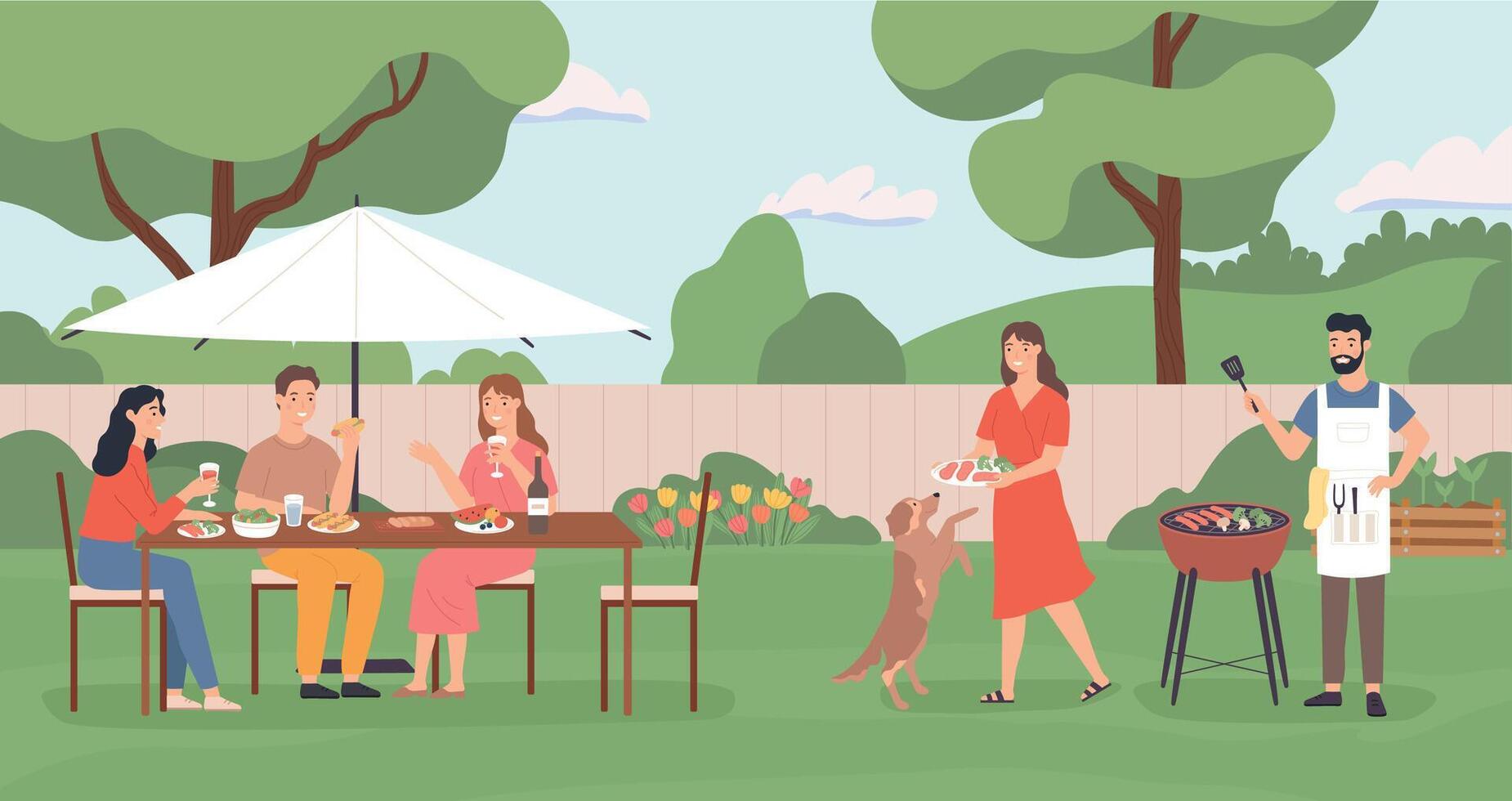 Friends enjoying party with barbecue on backyard vector