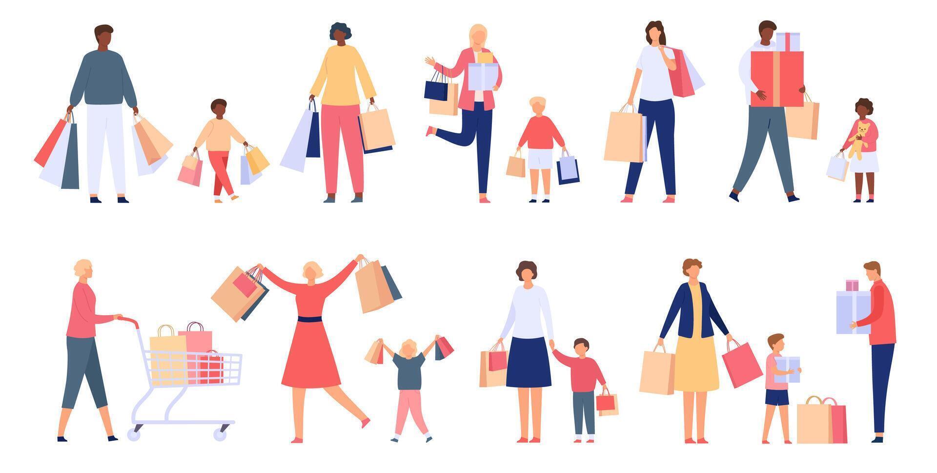 Shopping families. Man, woman and kids with store cart, bags and boxes. Shopper characters on holiday sale. Flat consumers people vector set