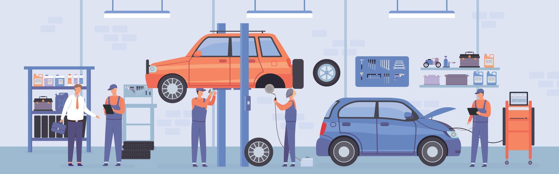 Car repair workshop. Auto service interior with mechanic workers, lifted cars and customer. Automobile maintenance center flat vector scene