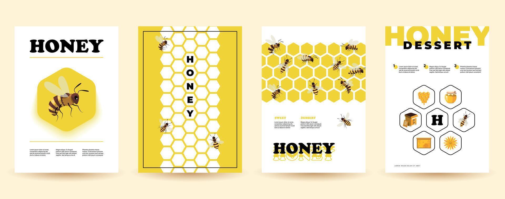 miel volantes dibujos animados carteles con abeja insecto panal Colmena, natural orgánico apicultura producto elementos para marca diseño. vector conjunto