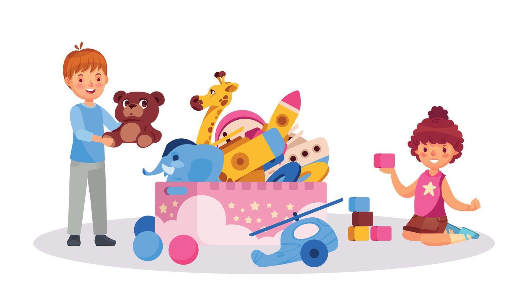 Cheerful kids playing with toy together in kindergarten vector