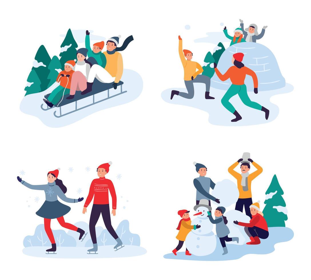 Winter activities. Happy family members having fun outdoor. People riding sledge, making snowman, skating vector