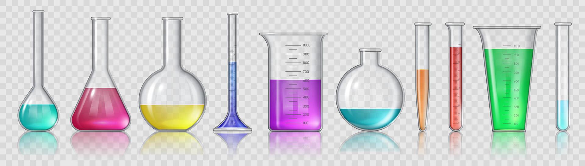 cubilete con productos quimicos realista 3d laboratorio vaso equipo, prueba tubos y matraz. laboratorio cristalería para médico o Ciencias estudiar vector conjunto