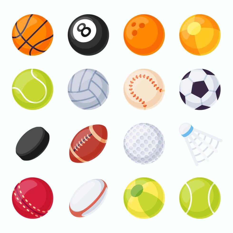 deporte pelotas. fútbol, tenis, vóleibol, béisbol y fútbol americano equipo. hockey disco y bádminton volante. plano juego pelota vector conjunto
