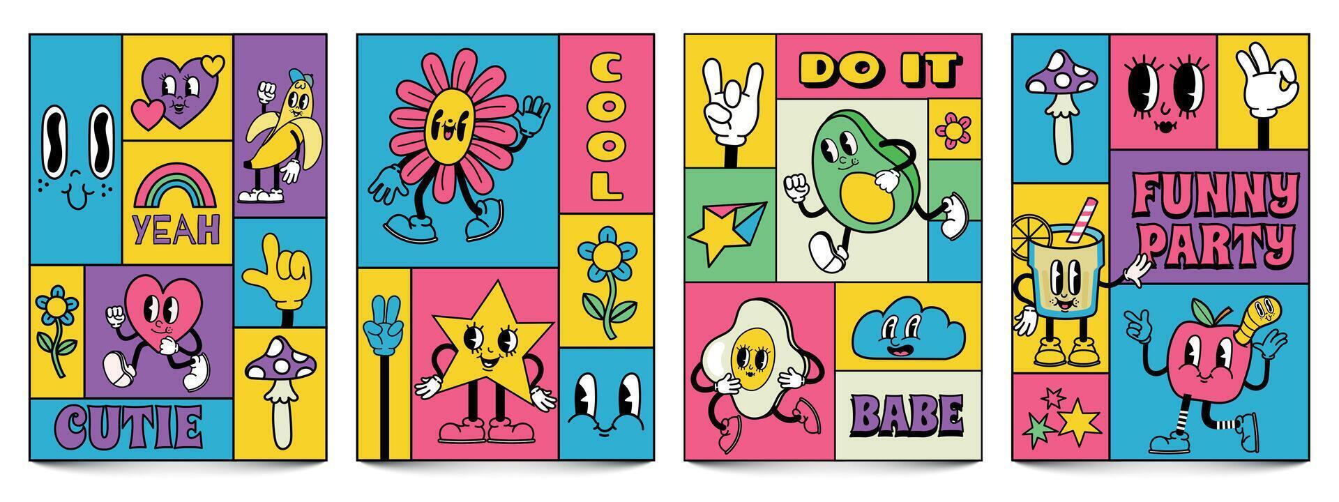 Mosaic trendy posters with funny crazy cartoon characters. Complementary doodle covers with retro comic faces and hands in gloves vector set