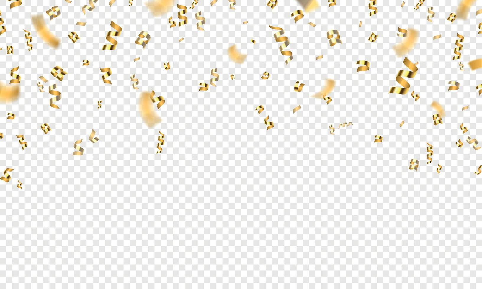Golden falling 3d confetti, party or celebration background. Gold flying award tinsel, ribbon and glitter. Holiday festive vector decoration