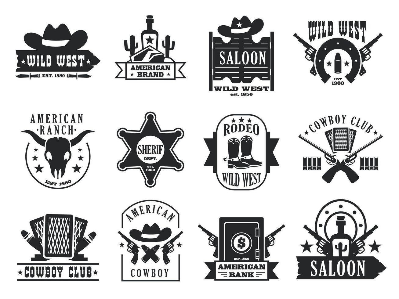 Wild west logo. Western american cowboy badges with cactus horse lasso gun elements, cartoon flat emblems for print stamp label design. Vector set