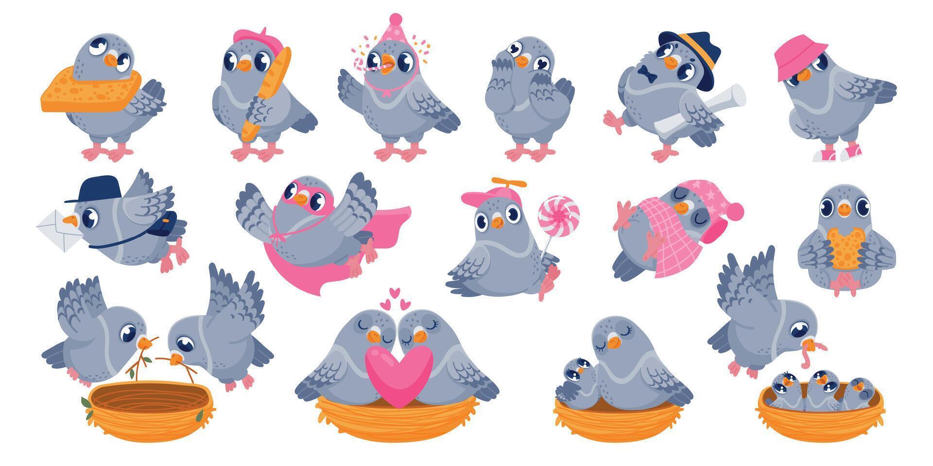 Pigeon characters. Cartoon funny birds sitting together and communicating, building nest and having a conflict. Vector pigeon animals interactions set