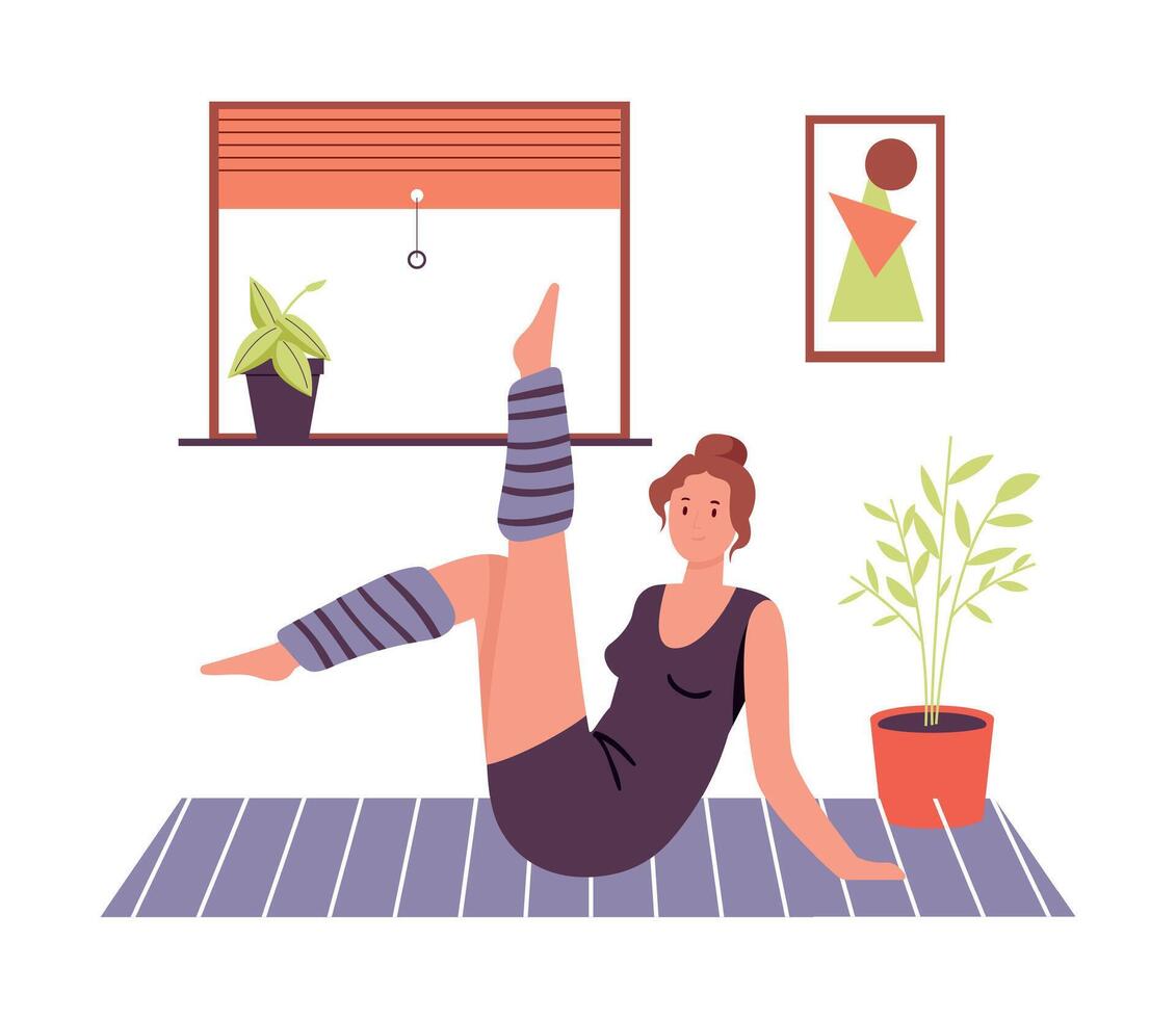 mujer practicando hacer yoga ejercicio a hogar vector