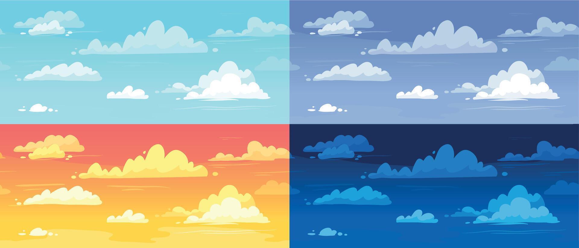 Cartoon cloudy skies in different parts of day background illustration set. Morning, evening and night landscape vector