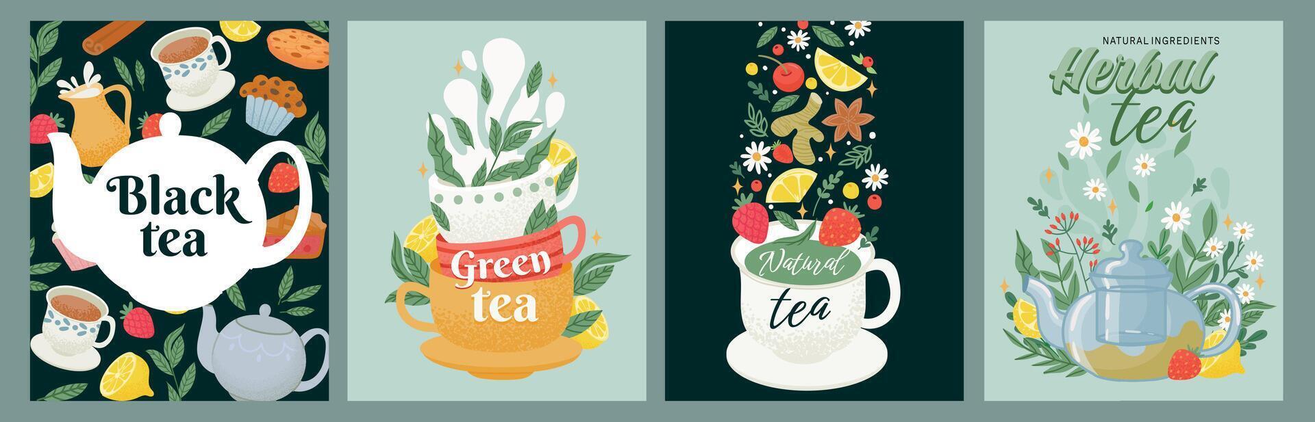 negro, verde y herbario té paquete etiqueta diseño. té bebida concepto con hojas, tazas, dulces y teteras decorativo café póster vector conjunto