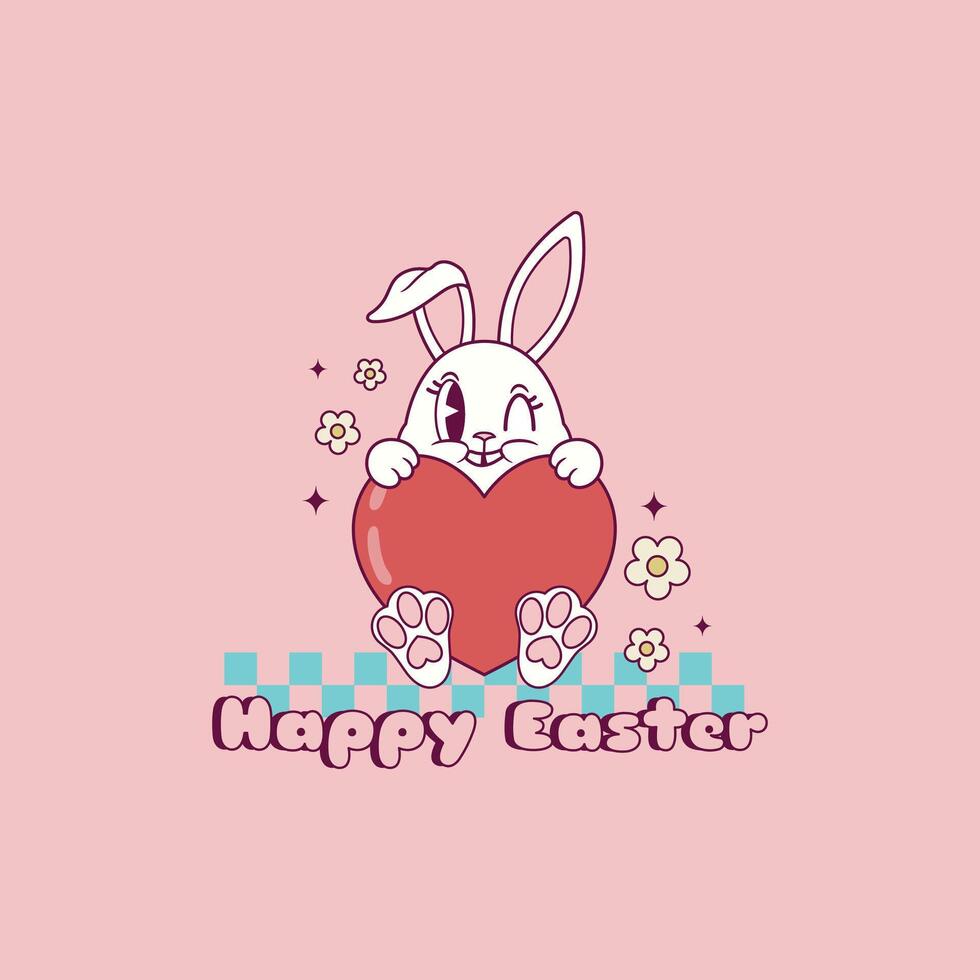 cute retro illustration of easter bunny hugging a heart vector