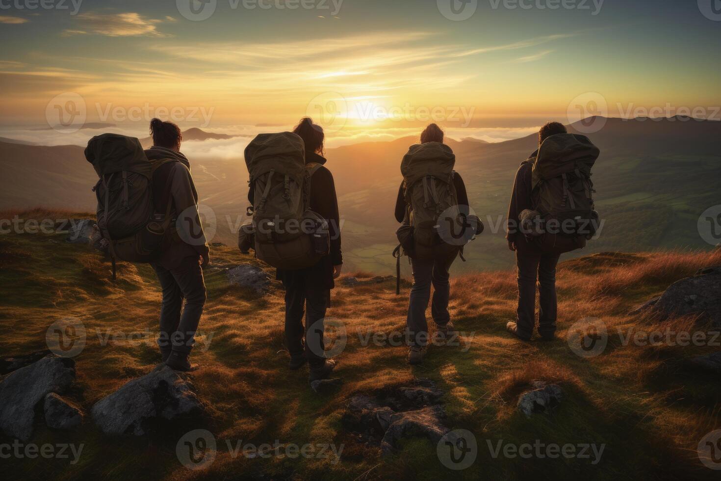 AI generated people with backpacks climbing mountains. generative ai photo