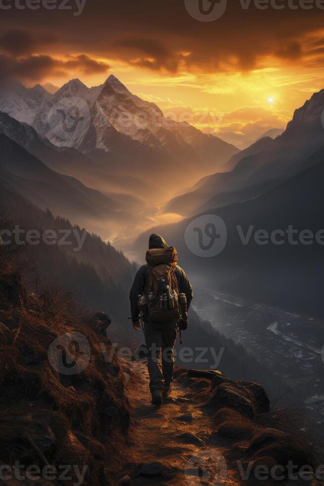 AI generated people with backpacks climbing mountains. generative ai photo