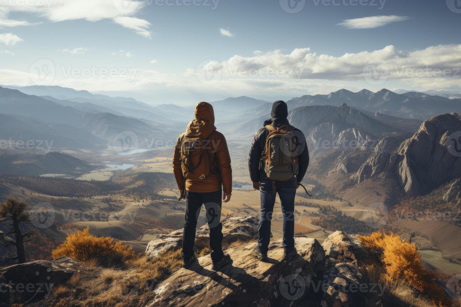 AI generated people with backpacks climbing mountains. generative ai photo
