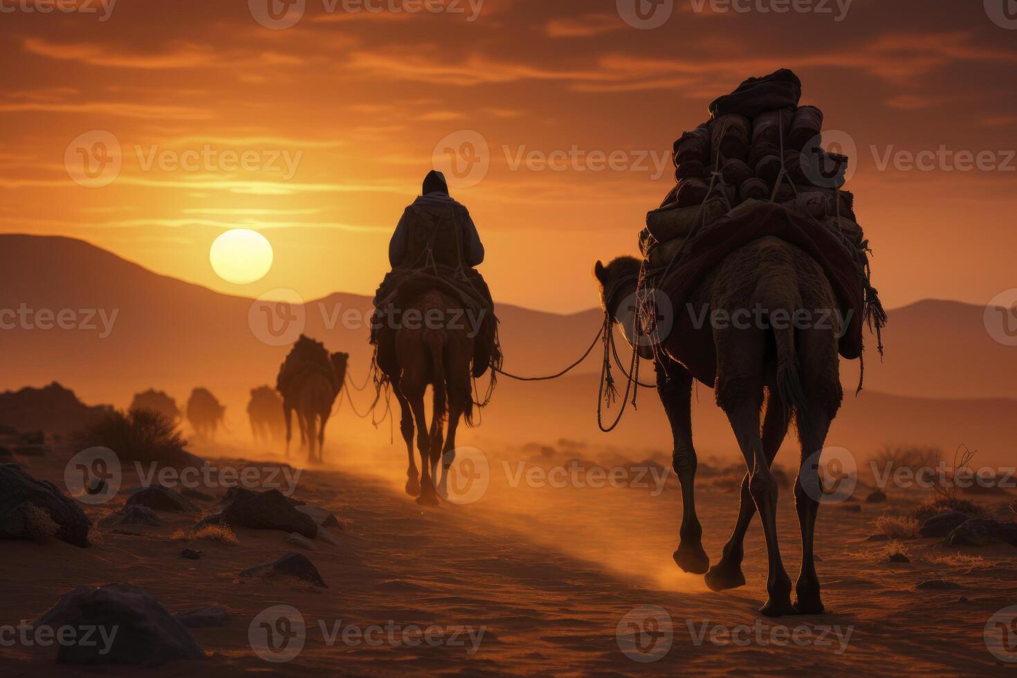 AI generated camel trekking in Africa at sunset. generative ai photo