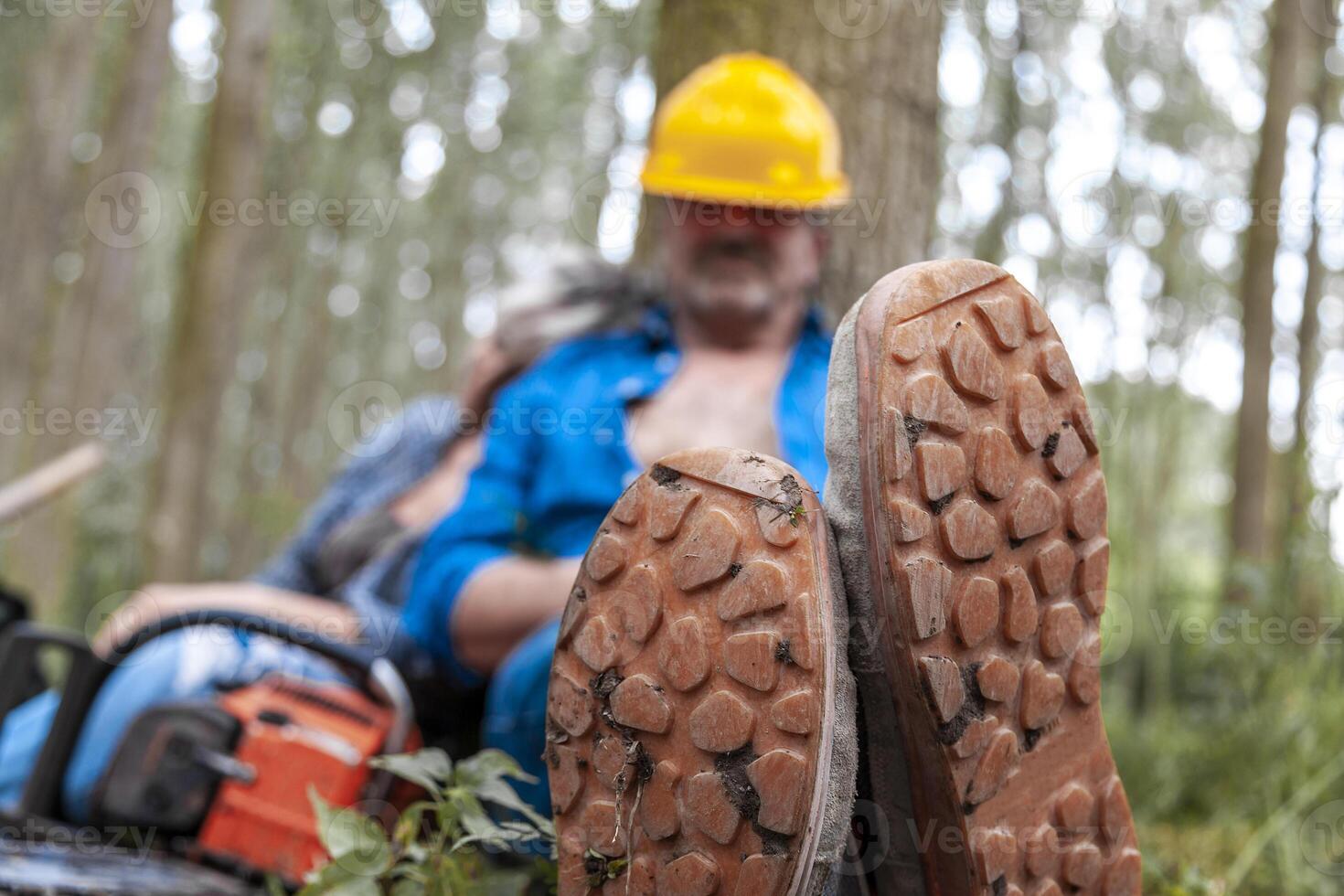 pair of lumberjacks are relaxing at the foot of a tree photo
