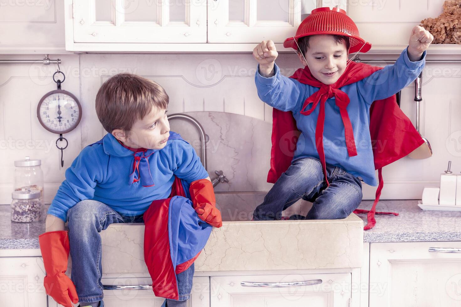 children playing at being wonderful hero photo
