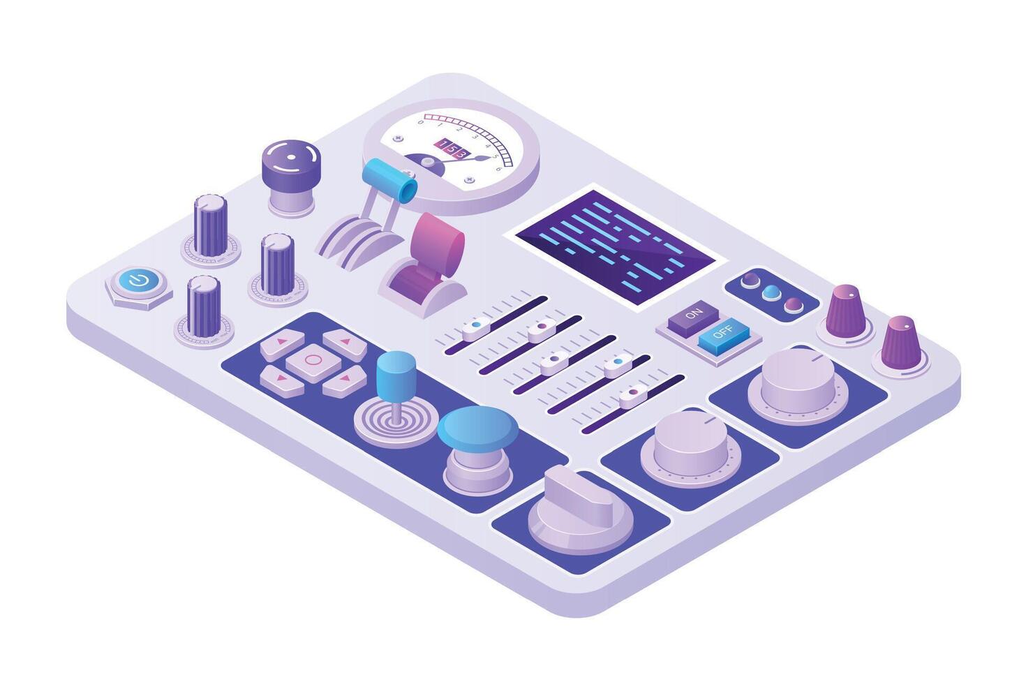 Isometric control panel. 3D analog retro machine for power supply control or radio broadcast adjusting with knobs buttons and toggles. Vector electric equipment illustration