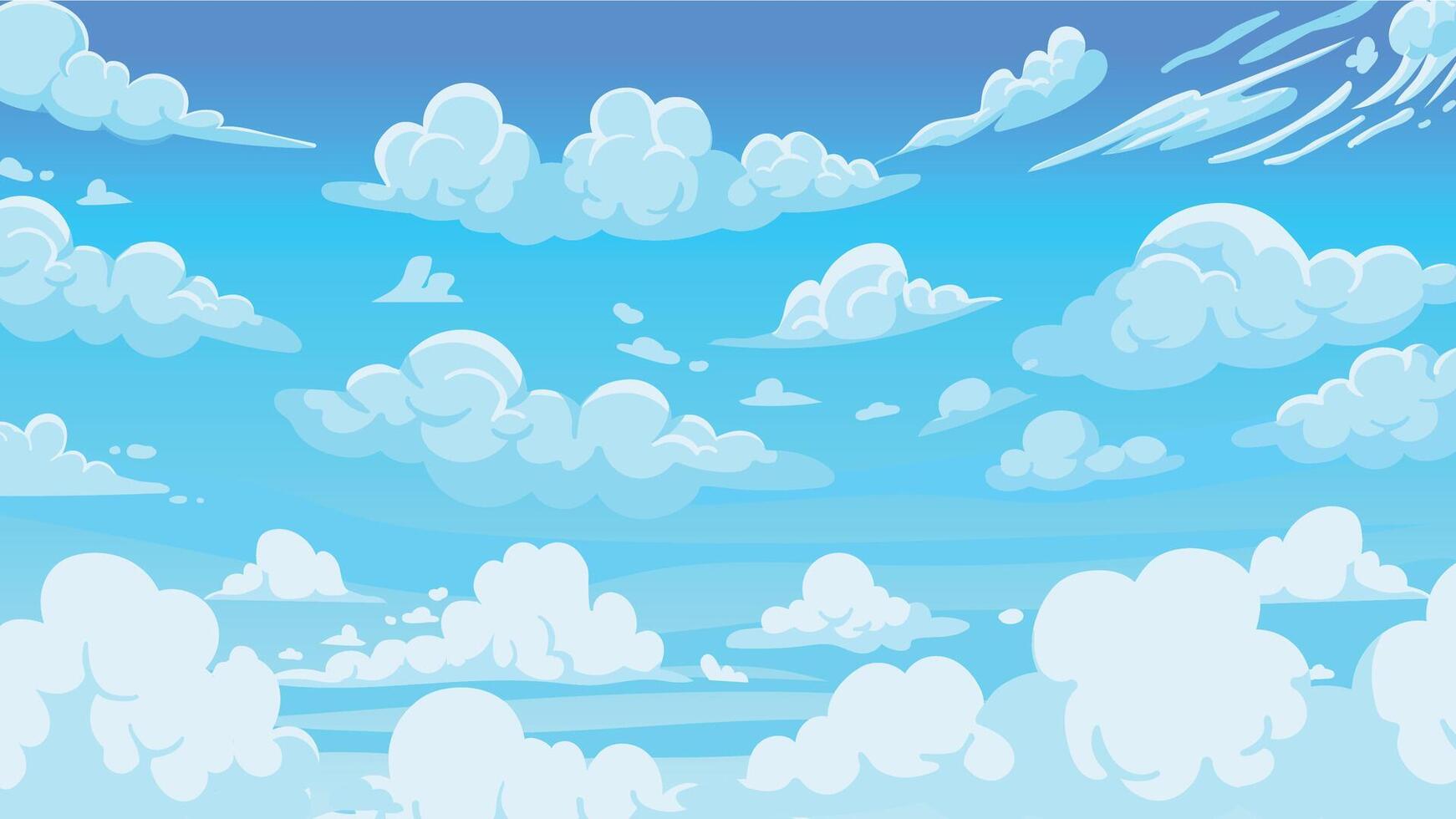 Cloudy sky background. Cartoon atmospheric anime scenery with white clouds and sunny blue summer sky. Vector sunny weather landscape illustration