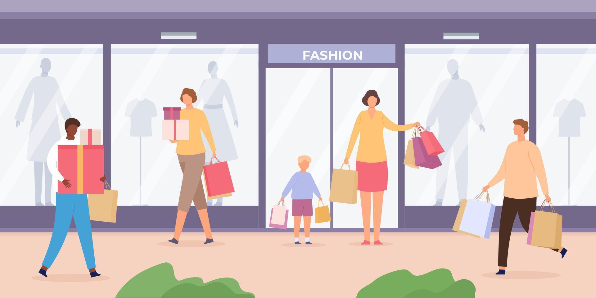 Shop street with people. Urban landscape with store showcases with mannequins and customers walking with shopping bags, flat vector concept