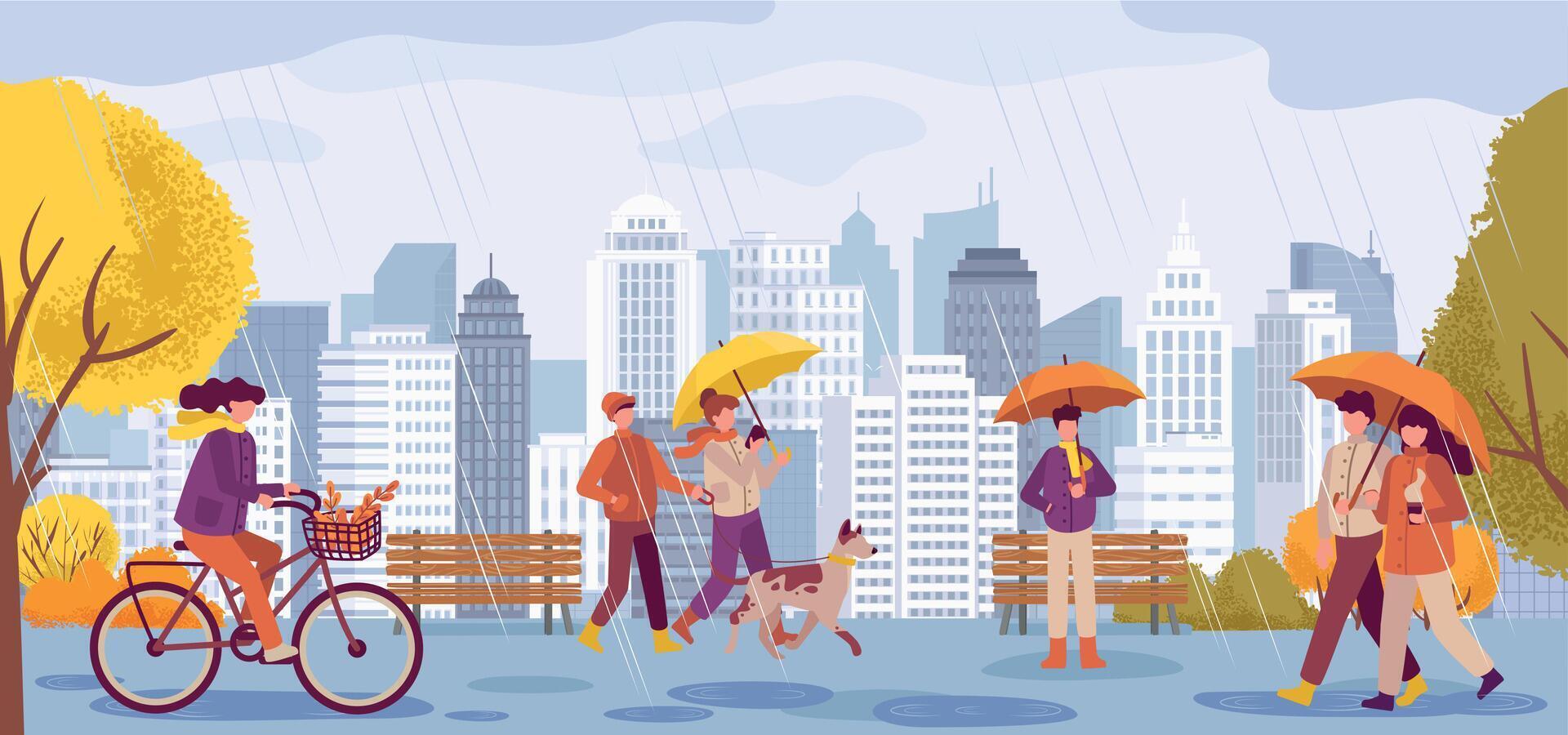 People in fall season. Couple walking with pet under umbrella, young woman riding bicycle, Female and male characters vector