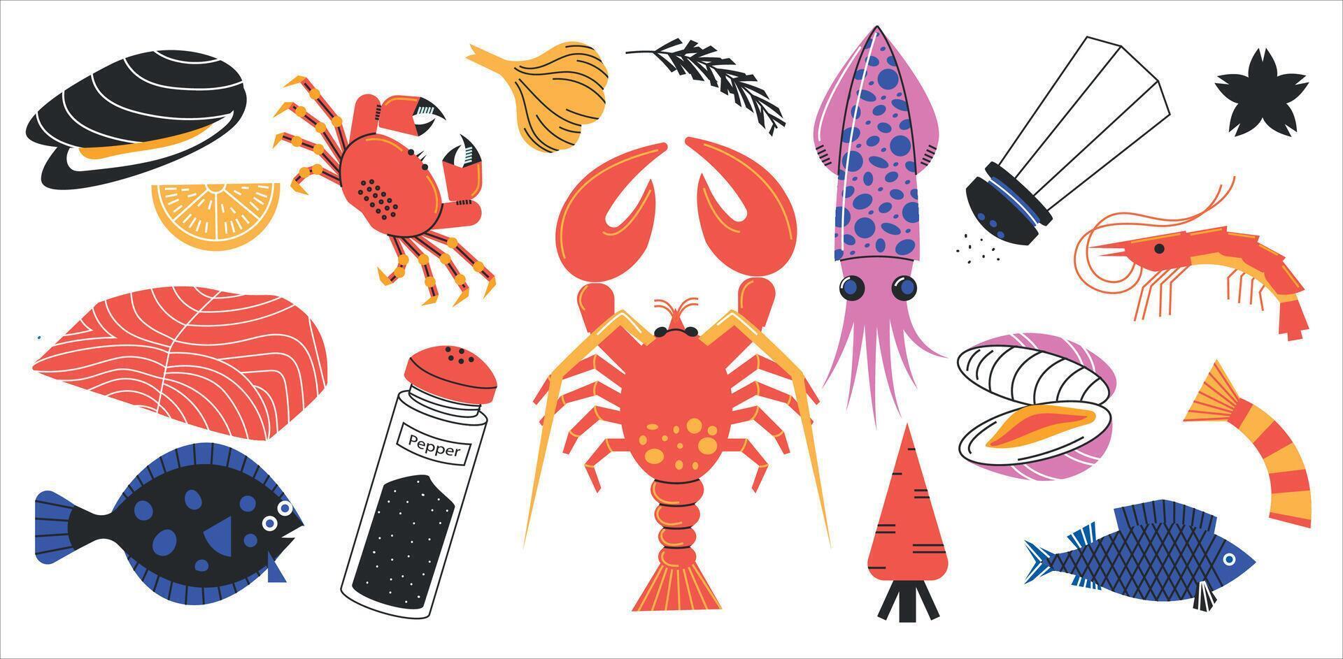 resumen fruto de mar. pescado mariscos producto ingredientes caviar salmón mejillones camarón bacalao espadines dibujos animados estilo, sano nutrición concepto. vector conjunto