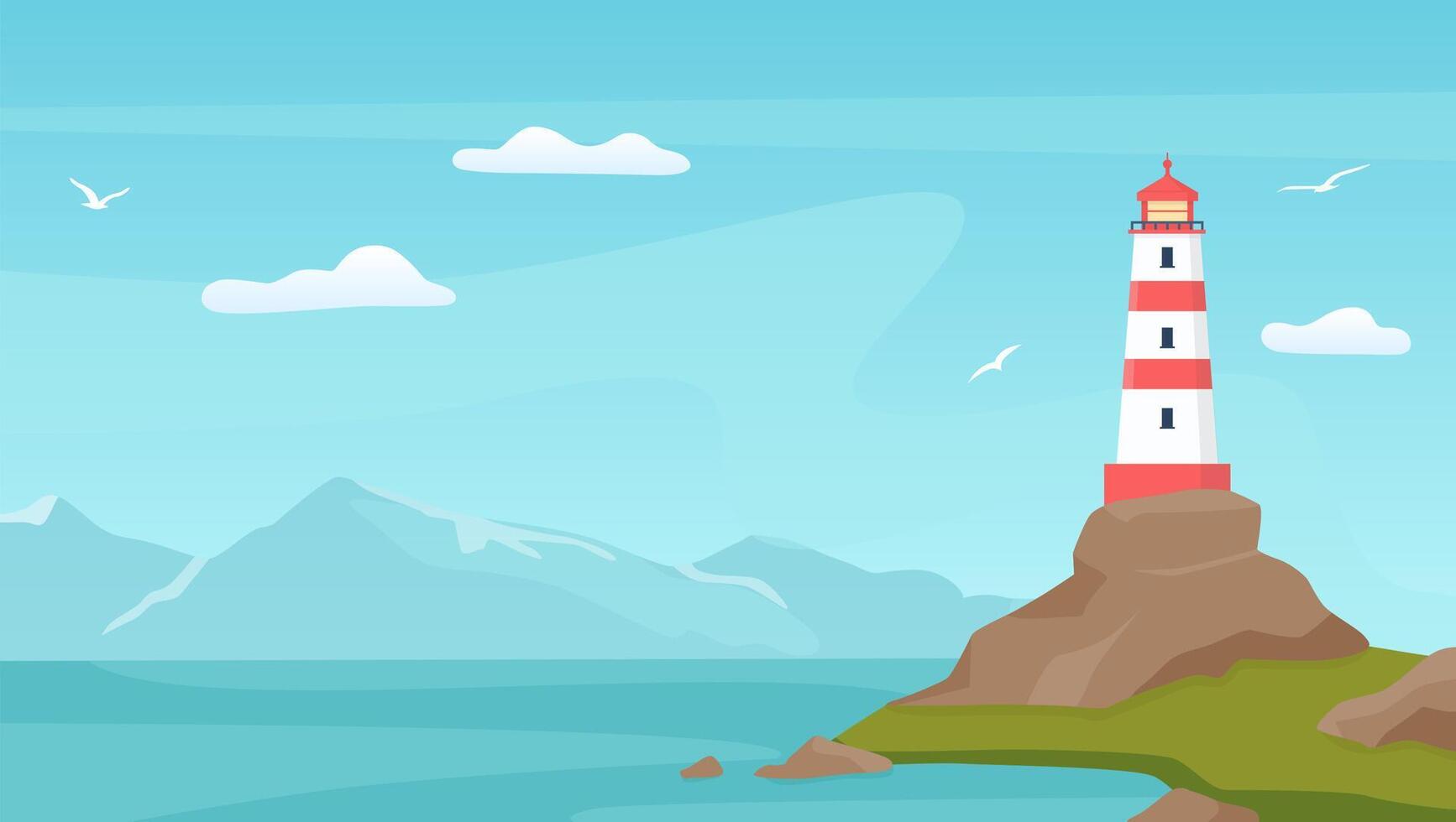 Sea landscape with beacon. Lighthouse tower on coast with rock. Cartoon blue sky with seagulls, shore, ocean waves and mountain vector scene