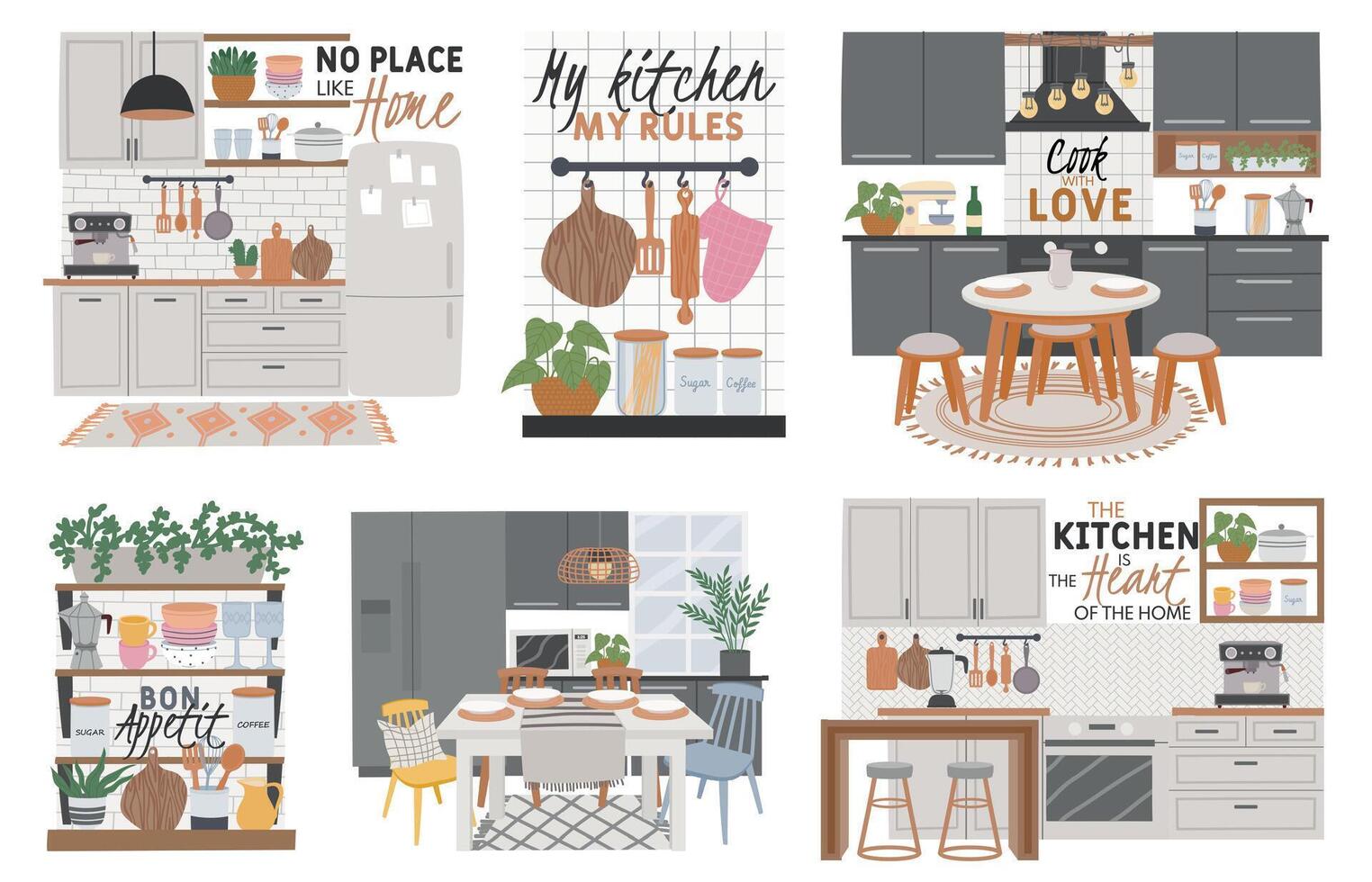 Posters with cozy kitchen room interiors and cook quotes. Kitchens furniture, cabinets, dining table and utensils. Hygge cooking vector set
