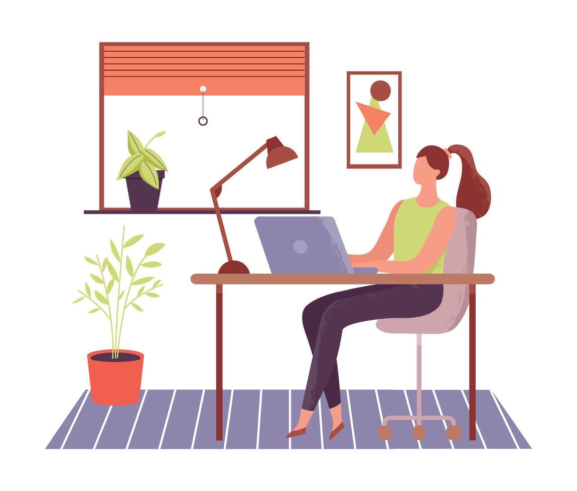 Woman working online with laptop, freelance work vector