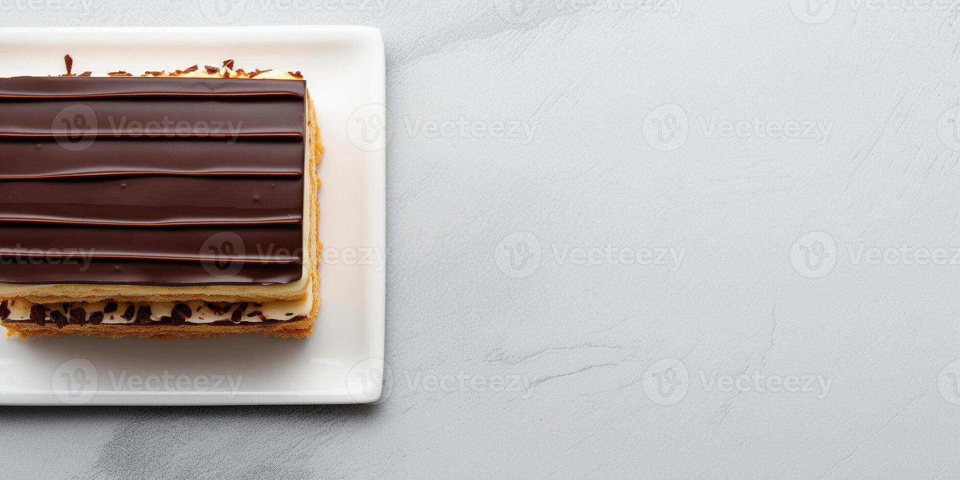 AI generated Top view of Chocolate Opera cake on white background with copy space layered delight Delicious fresh baked vegan homemade dessert photo