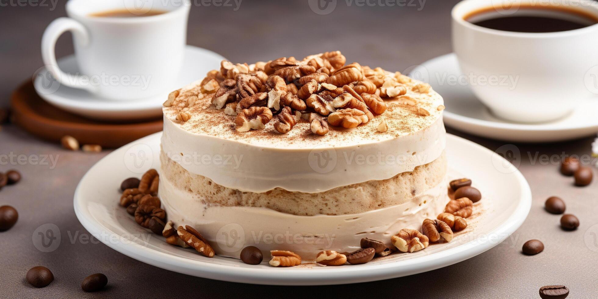 AI generated Top view of coffee walnut cake on white background with copy space layered delight Delicious baked vegan tasty homemade dessert photo