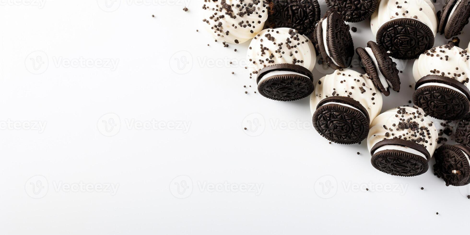 ai generado parte superior ver de negro y blanco galletas en blanco antecedentes con Copiar espacio delicioso Fresco horneado sano vegano sabroso hecho en casa postre foto