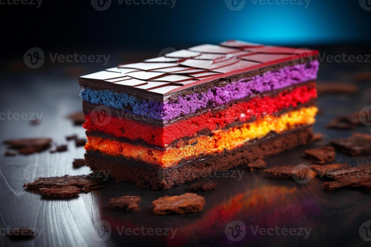 AI generated Piece of multicolored rainbow sponge layered cake on a dark background Delicious fresh baked healthy vegan photo