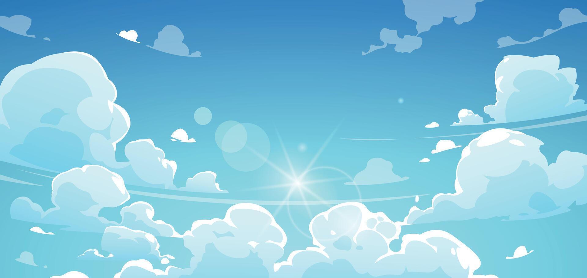 Cartoon summer sky. Landscape of bright sunny day with floating white cumulus clouds, outdoor scenery with blue sky background. Vector illustration