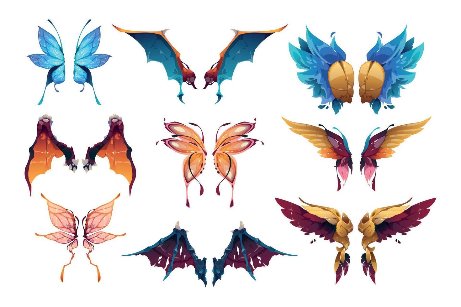 Cartoon fairy wings. Abstract magic fantasy butterfly and bird feather shapes, beautiful winged angel and fairy tale character elements. Vector isolated set