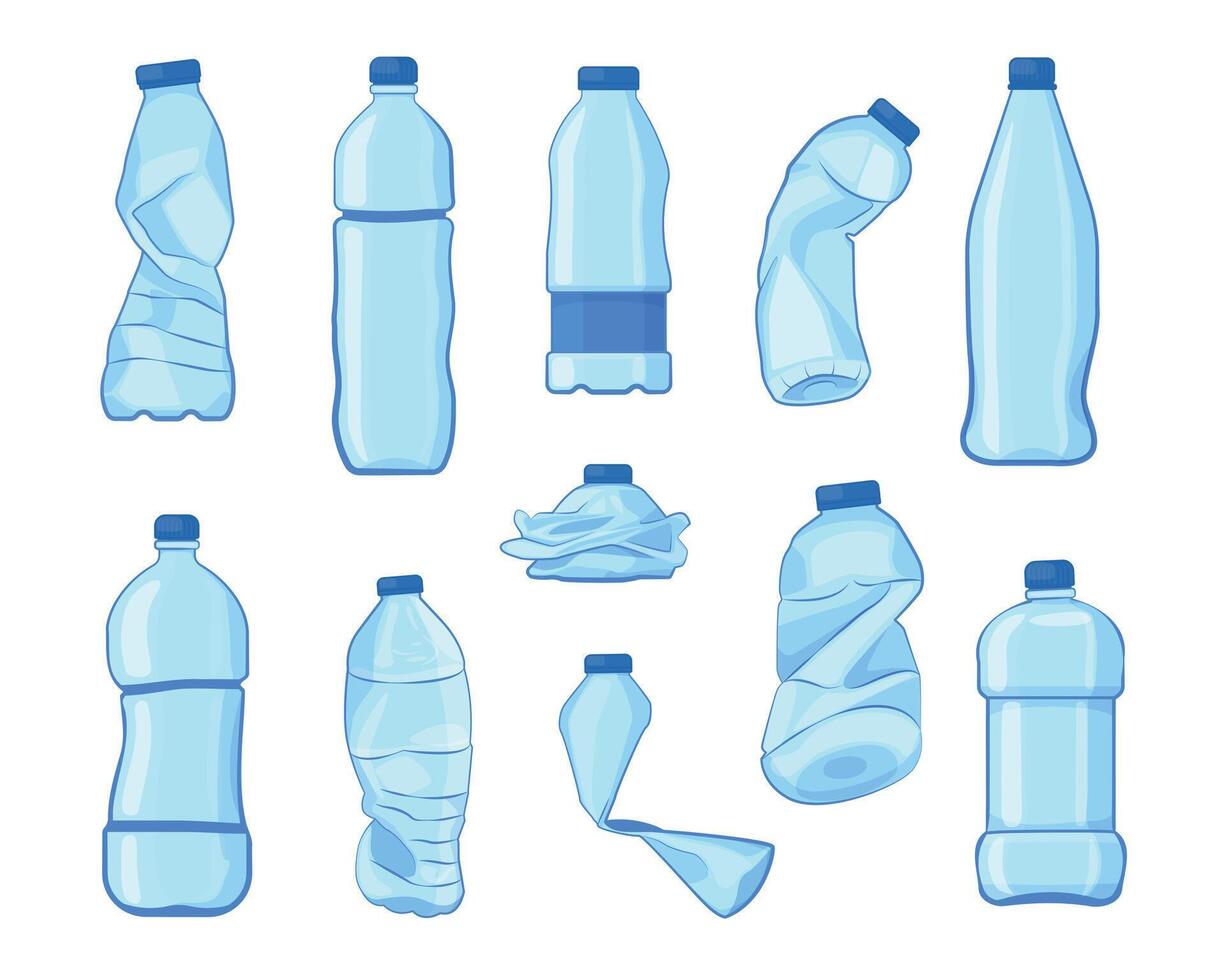 Crumpled bottles. Broken plastic bottles, crushed empty plastic containers, recycle garbage eco concept. Vector isolated set