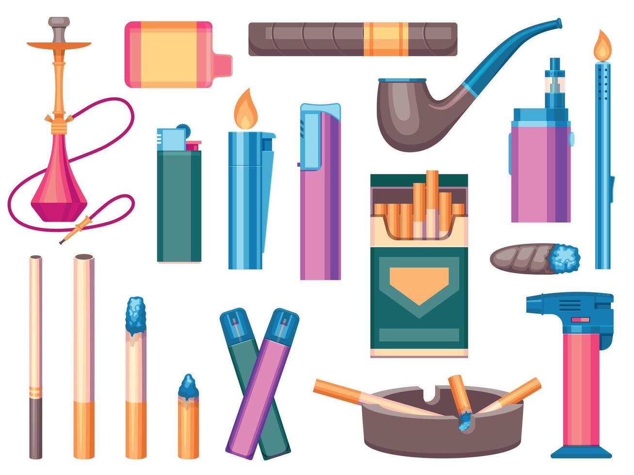 Tobacco products collection. Cartoon cigarettes and cigarillos tobacco leaf, snuff and pipe products, cigarette in flat style. Vector isolated set