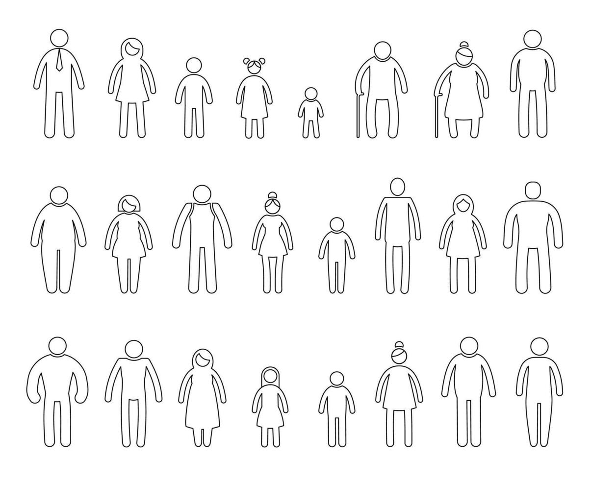 Stick people line icons. Simple outline human characters with hands and legs, family and friends symbols. Doodle pictograms vector set